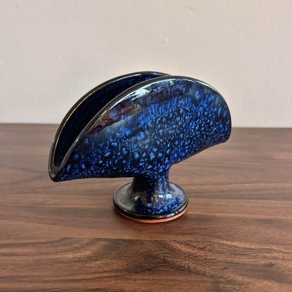 Vintage Mid-Century 70s Modern Blue Glazed Stoneware Napkin Holder Pottery - Picture 5 of 8